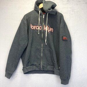 Vintage Y2K Blue Marlin Brooklyn Zip Up Hoodie Mens XL Gray Sweatshirt Patch